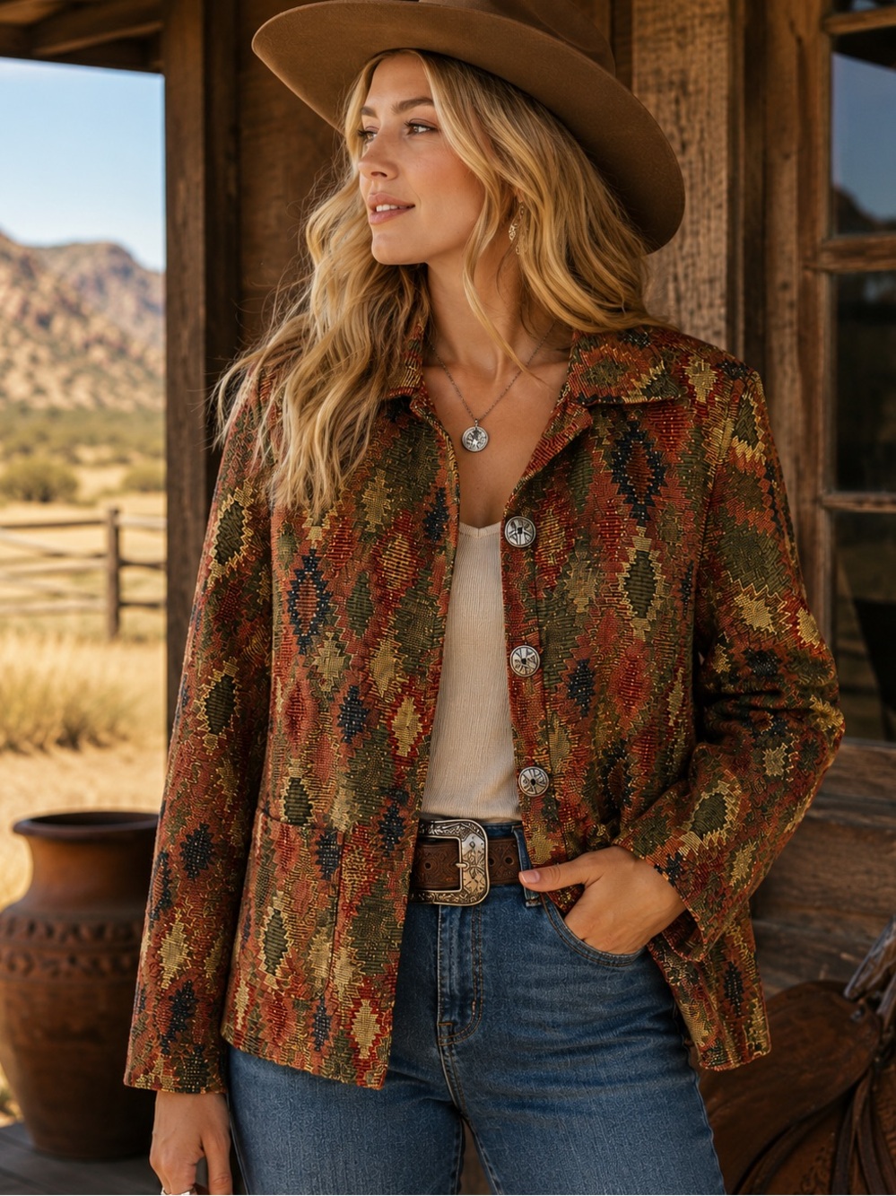 Jane Ashley Southwestern Tapestry Jacket Geometric Boho Western Button Front